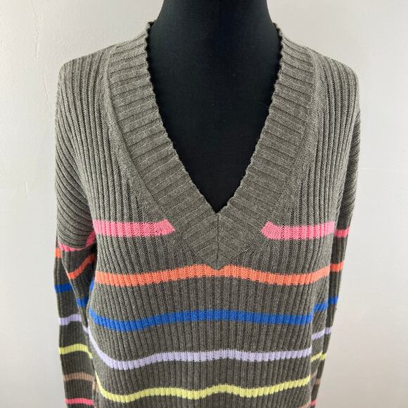 LISA TODD Gray S Sweater Linen Rainbow Striped Rib V-Neck Long Sleeve Pullover - Picture 3 of 8